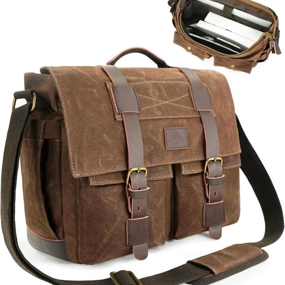 Messenger Bag for Men,14-15.6 Inch Laptop Bag, Water-resistant Waxed Canvas Satc - Picture 1 of 7
